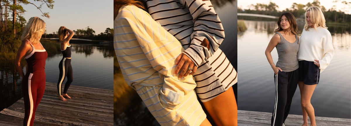 The Sunday Club — The Core Set, The Club Stripe Set, Everyday Ribbed Tank and Stay Awhile Set by the water